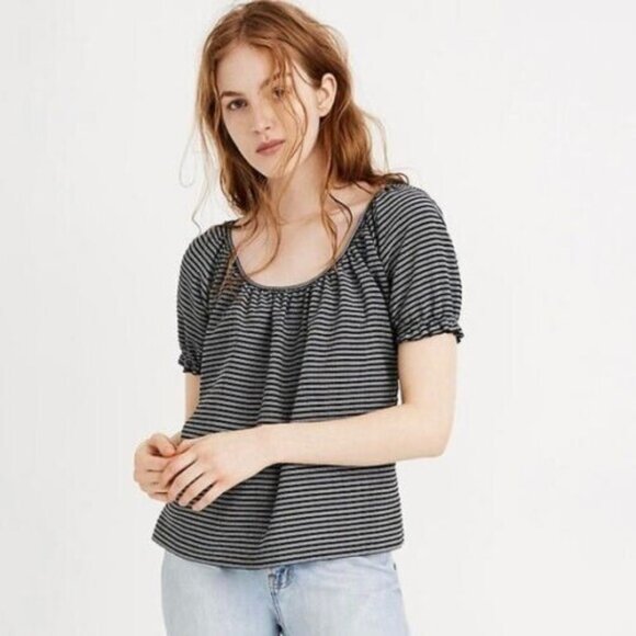 Madewell Womens Large Texture & Thread Peasant Top Navy White Striped Shirt - Picture 1 of 9